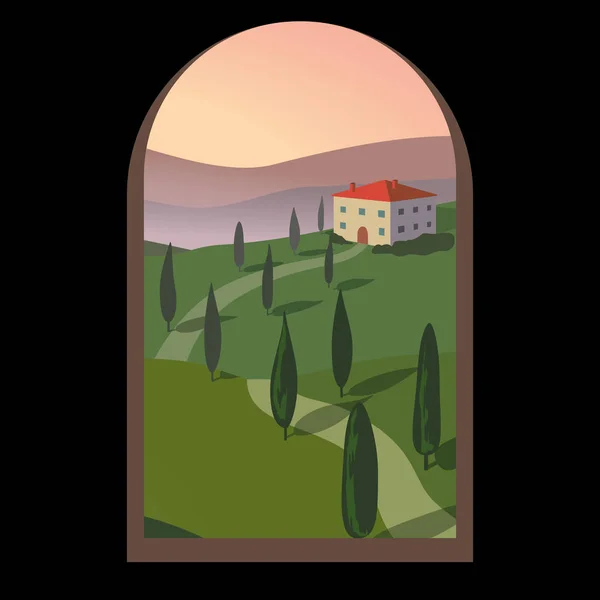 Paisaje con montañas y colinas a través de una vieja ventana. Toscana, fondo de recreación al aire libre . — Vector de stock