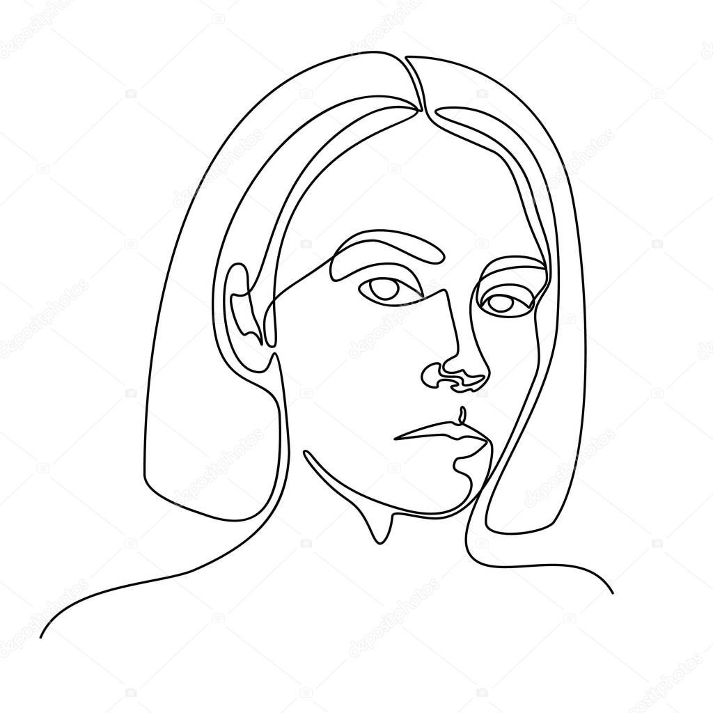 Continuous line drawing. A girl portrait. Vector illustration. In black colour isolated on white background.