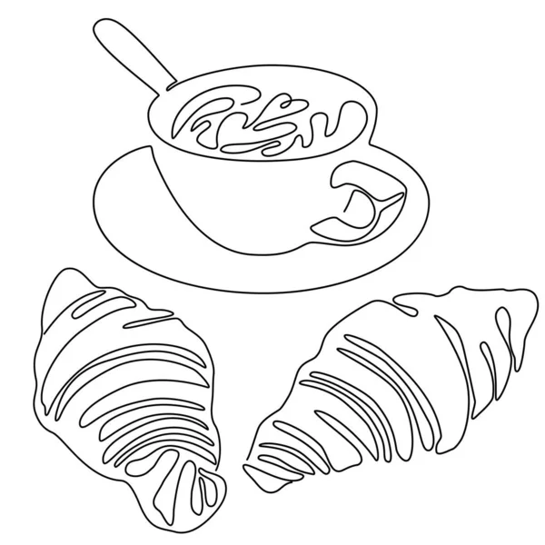 Непрерывная линия рисования чашки кофе или капучино с круассанами. Векторная иллюстрация . — стоковый вектор