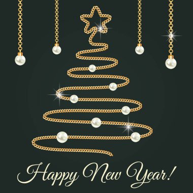 - Mutlu yıllar. Armut, zincir, altın Noel ağacı içeren tebrik kartı tasarımı.