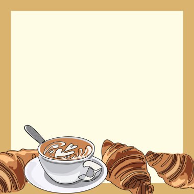 Cup of coffee or cappuccino with croissants. Empty frame template. Vector illustration.