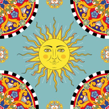 Seamless bright background. Colorful ethnic round ornamental mandala. Sun with human face symbol. Trendy pattern. Vector illustration