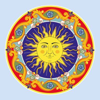 Renkli etnik yuvarlak süslemeli mandala. İnsan yüzlü güneş. Vektör illüstrasyonu