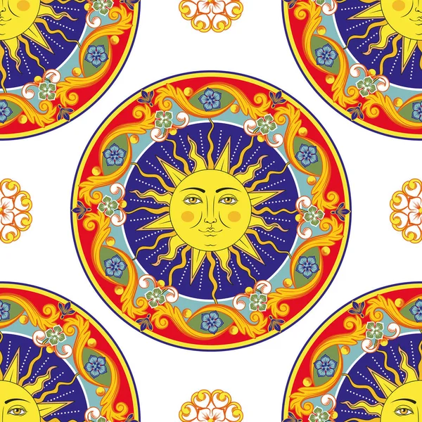 Безшовний яскравий фон. Барвисті етнічні круглі декоративні мандали. Сонце з символом людського обличчя. Модний візерунок — стоковий вектор