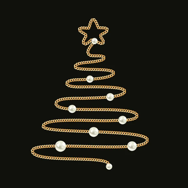 Christmas tree made with gold chain and pearls. New Year symbol for glamourus advertise designs and greeting cards — Stok Vektör