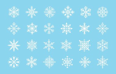 Basit kar taneleri. Geometrik buz şekilleri. Süslü, dantel desenli. Bayram ve mevsimlik poster için kış dondurulmuş kristal elementler, kart. Mavi arka planda beyaz kar tanesi. Vektör seti.