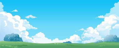 Bulutlu yaz manzarası. Gökyüzü ve tarla ile arka plan. Yatay yeşil çayır manzarası, kır tepeleri manzarası mavi gökyüzü, çimenler, açık çimler. Vektör posteri.