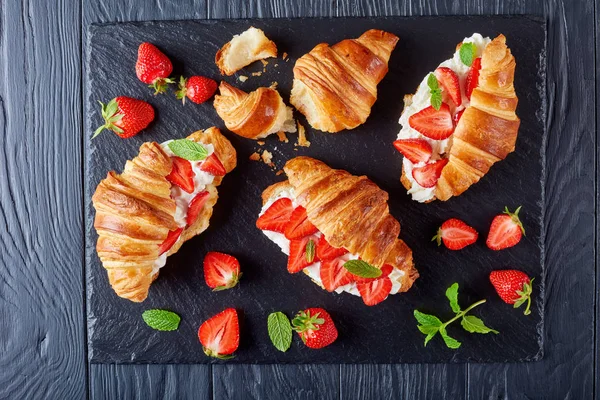 Croissant Sandwiches Layered Fresh Ripe Strawberries Whipped Cream Cheese Stone — Stock Photo, Image