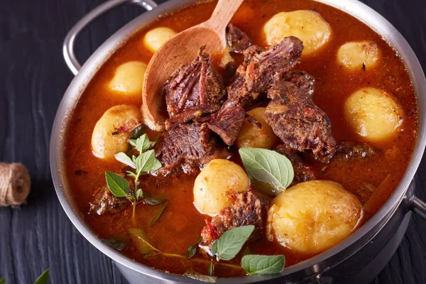 Hot Beef Stew Tender Cubes Meat Whole New Potatoes Carrots — Stock Photo, Image