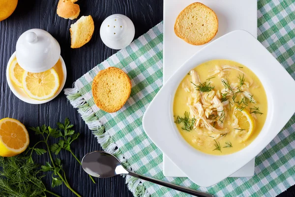 Avgolemono Heerlijke Romige Griekse Kippensoep Met Citroen Eidooier Pasta Risini — Stockfoto