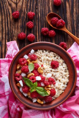 oatmeal porridge with fresh ripe raspberry, cashew and candied coconut peels in a clay bowl, vertical view  clipart