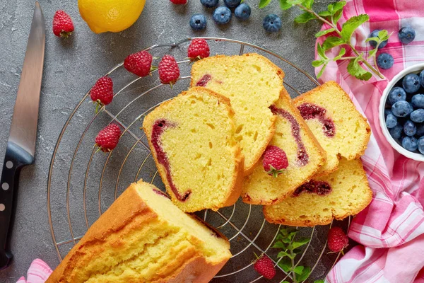 Freshly Baked Sliced Lemon Pound Cake Berries Jam Filling Also — Stock Photo, Image