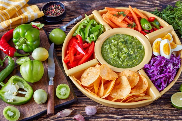 Green Salsa Verde Mexican Set Chopped Fresh Vegetables Hard Boiled — Stock Photo, Image