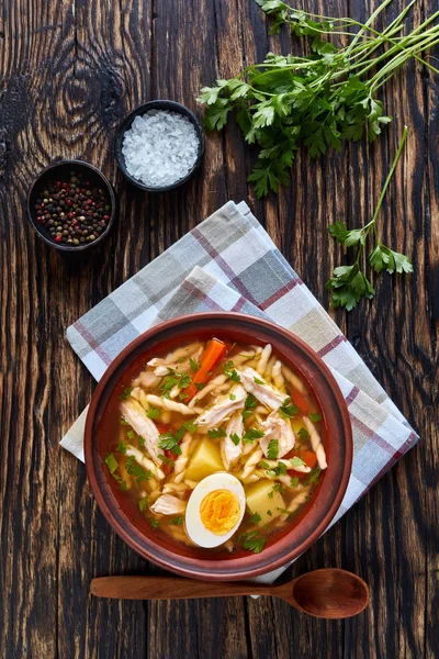 Hot Spicy Chicken Pasta Vegetable Hearty Soup Half Hard Boiled — Stock Photo, Image