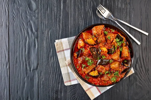 Eggplant Beef Stew Bowl Black Wooden Table Silver Spoon Fork — Stock Photo, Image