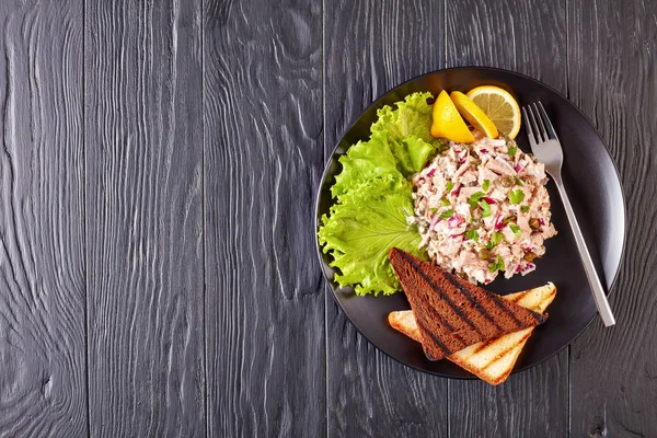 Tuna Capers Red Onion Salad Served Toasted Bread Lemon Wedges — Zdjęcie stockowe