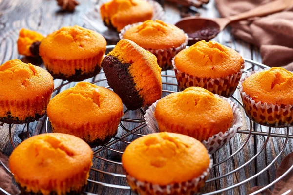 Frisch Gebackene Leckere Süße Kürbismuffins Auf Rundem Edelstahl Kuchenkühlgestell Auf — Stockfoto