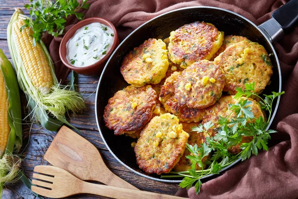 Overhead View Corn Fritters Skillet Yogurt Dipping Sauce Fresh Sweet — Stock Photo, Image