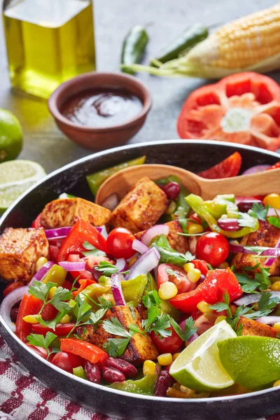 Tasty Warm Mexican Salad Fried Tofu Cheese Corn Black Bean — Stock Photo, Image