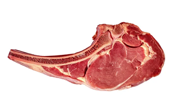 クローズ アップ 正面の白い背景に分離された乾燥熟成生トマホーク牛ステーキ — ストック写真