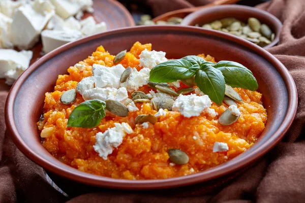 Creamy Butternut Pumpkin Rice Puree Feta Cheese Pumpkin Seeds Fresh — Stock Photo, Image