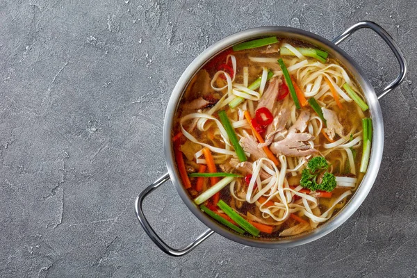 Vista Aérea Sopa Verduras Fideos Aves Corral Una Cazuela Metal — Foto de Stock