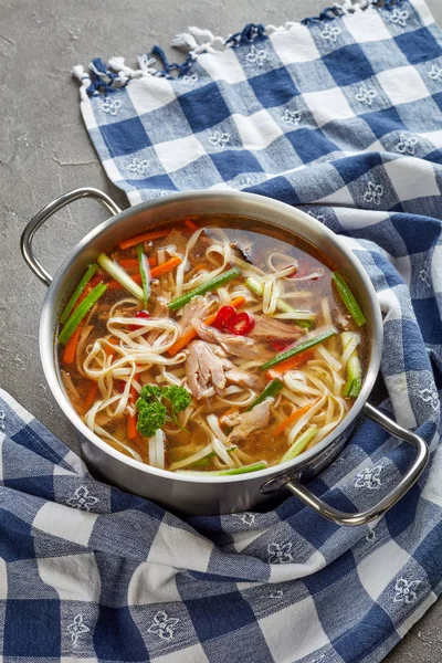Leftover peking duck udon noodle vegetables soup in a metal casserole on a concrete table with kitchen towel, view from above — Stock Image Leftover Peking Duck Udon Noodle Vegetables Soup Metal Casserole Concrete Royalty Free Stock Photos