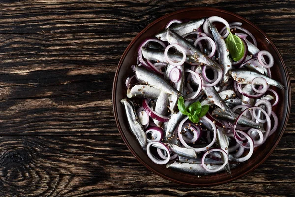 Översiktsbild Saltat Skarpsill Marinerad Med Röda Lökringar Korianderfrön Lergods Tallrik — Stockfoto