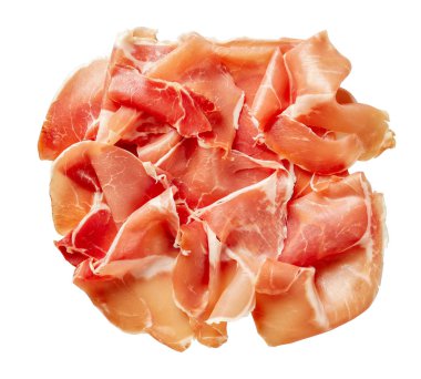 spanish dry-cured ham, jamon curado thinly sliced isolated on a white background, horizontal view from above, flat la clipart
