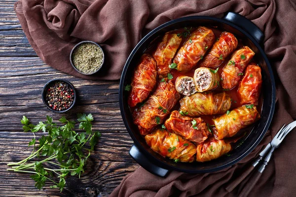 Vue Aérienne Des Rouleaux Chou Farcis Boeuf Haché Riz Cuits — Photo