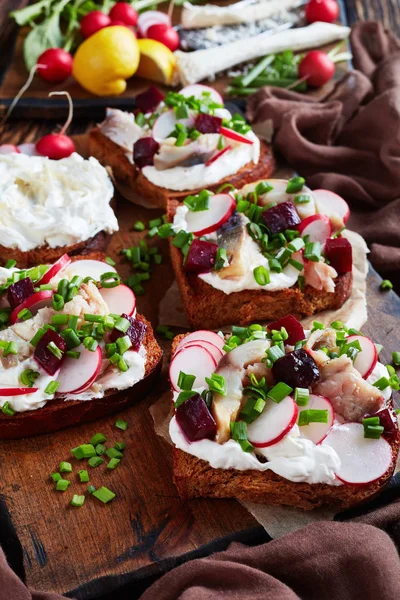 Smorrebrod Danish Open Faced Sandwiches Smoked Mackerel Slices Cream Mixed — 图库照片