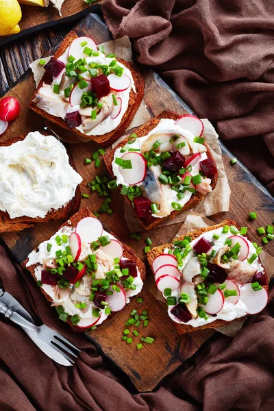 Smorrebrod Danish Open Faced Sandwiches Smoked Mackerel Slices Cream Mixed — 图库照片