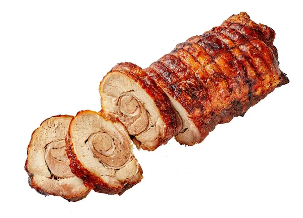 Porchetta - savoury, fatty, and moist boneless pork roast of Italian culinary tradition, sliced Rolled pork belly, isolated on white background, close-up