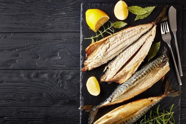 Close Smoked Mackerel Served Black Slate Tray Salt Peppercorn Rosemary — Stock Photo, Image