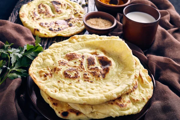 Close Naan Delicious Hot Freshly Baked Homemade Indian Flatbread Rustic — Stock Photo, Image