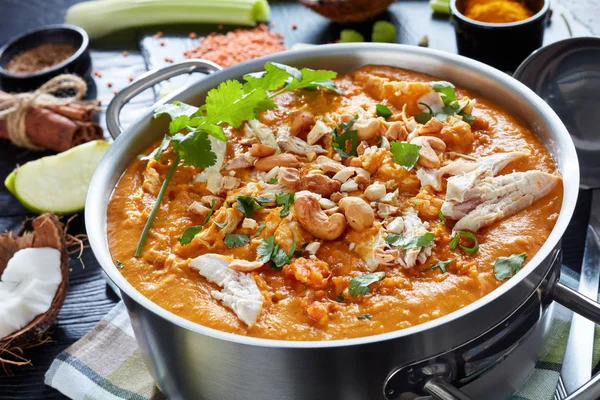 Herzhafte Würzige Mulligatawny Suppe Mit Hühnerfleisch Bestreut Mit Gebratenem Cashew — Stockfoto