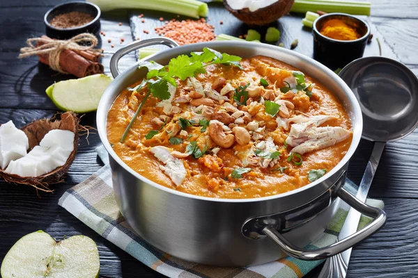 Rejäl Kryddig Mulligatawny Soppa Med Kycklingkött Beströs Med Stekt Cashewnötter — Stockfoto