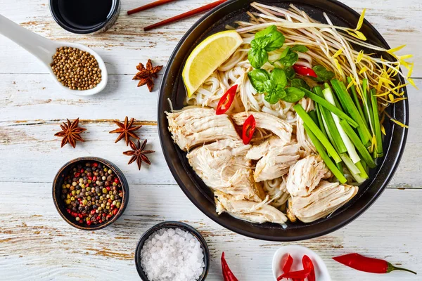 Sopa Pho Con Pechuga Pollo Fideos Arroz Brotes Frijol Especias — Foto de Stock