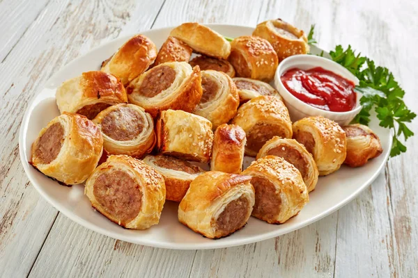 Freshly Baked Puff Pastry Sausage Rolls Tomato Sauce Parsley White — Stock Photo, Image