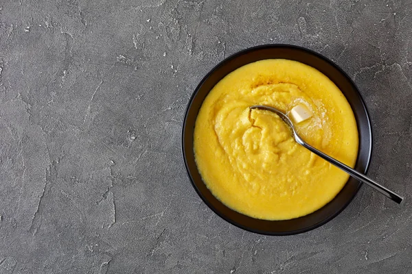 Overhead View Hot Cornmeal Polenta Melting Butter Bowl Napkin Silver — Stock Photo, Image