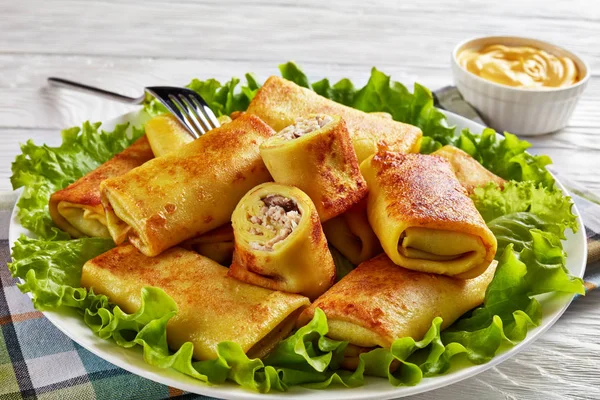 Rolos de crepe com carne de frango e champignon — Fotografia de Stock