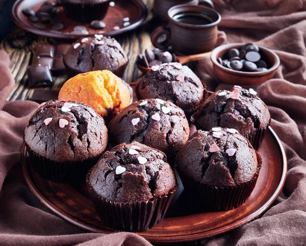 Muffins de chocolate polvilhados com doces, vista superior — Fotografia de Stock