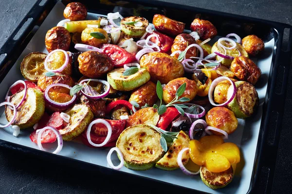 Roasted hot veggies on a baking pan — Stock Photo, Image