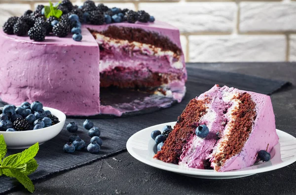Şenlikli kek, yaban mersini ve böğürtlen sünger kek — Stok fotoğraf