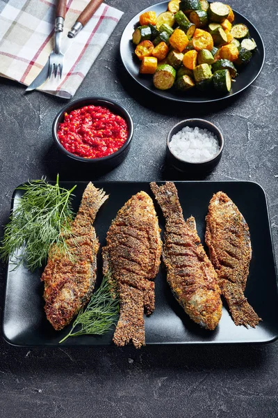 Freshly fried crispy crucian carps, top view — Stock Image Freshly fried crispy crucian carps, top view Stock Image