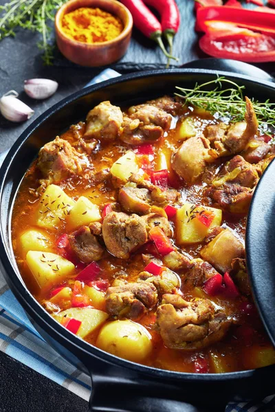 Curry di pollo caldo con patate, verdure, erbe aromatiche — Foto Stock