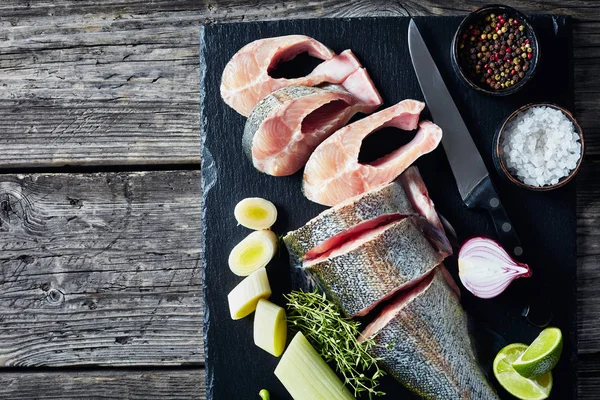 Close-up of sliced raw trout, top view — Stock Photo, Image