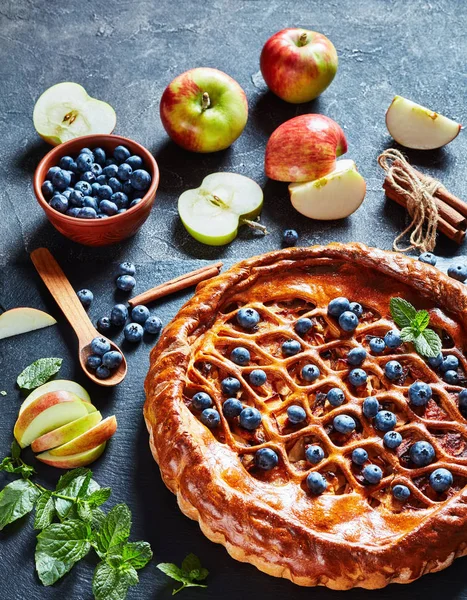 Gros plan de savoureux tarte aux bleuets aux pommes maison — Photo