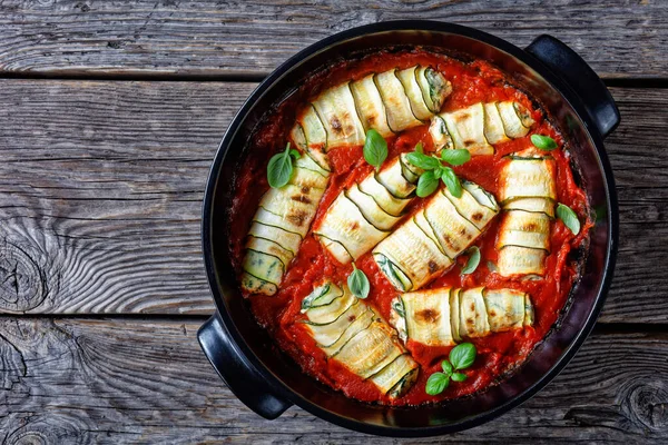 Zucchini Roll Ups Stuffed Fresh Italian Ricotta Spinach Basil Leaves — Stock Photo, Image