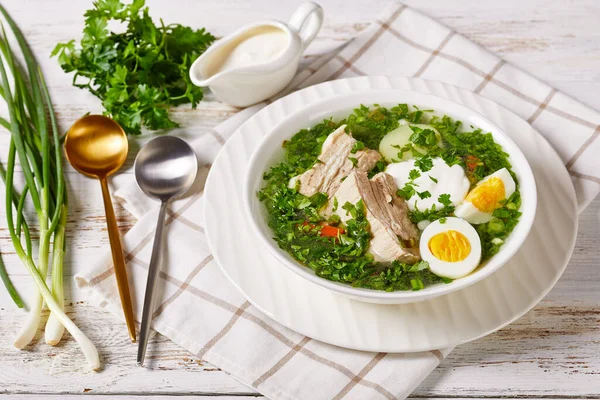Східноєвропейська Кухня Польський Зелений Суп Зеленою Цибулею Яйцями Свинячими Ребрами — стокове фото